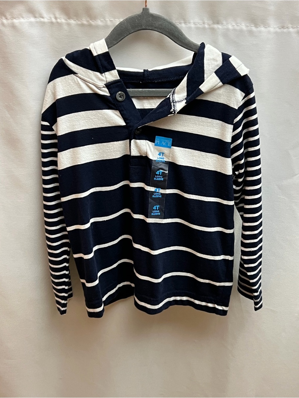 The Children’s Place Boys 4T Navy White Striped Hooded Henley Shirt Cotton
